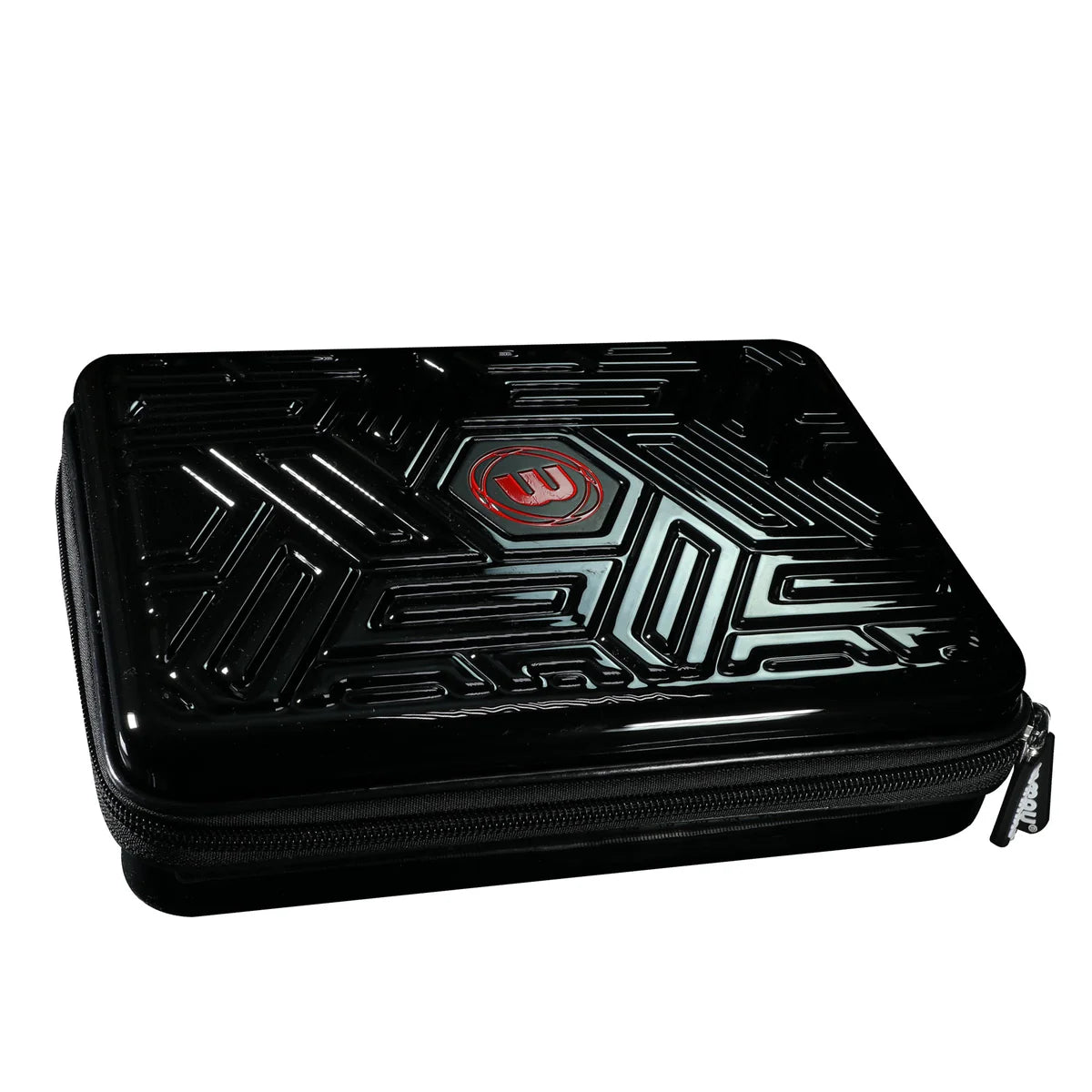 Angled view of black darts case with geometric textured hard shell and zipper, impact-resistant storage for dart equipment