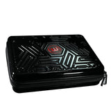 Angled view of black darts case with geometric textured hard shell and zipper, impact-resistant storage for dart equipment