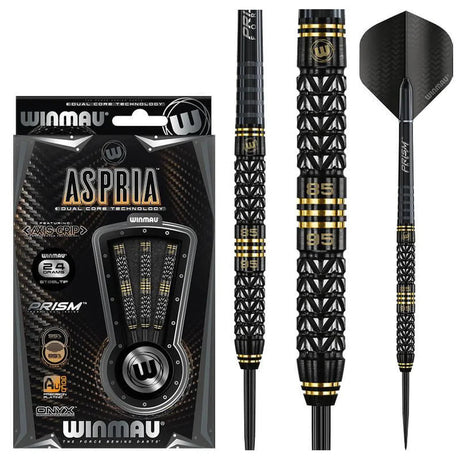 Tungsten darts set in retail packaging and close-up on black and gold barrel grip texture, full dart and steel tip displayed