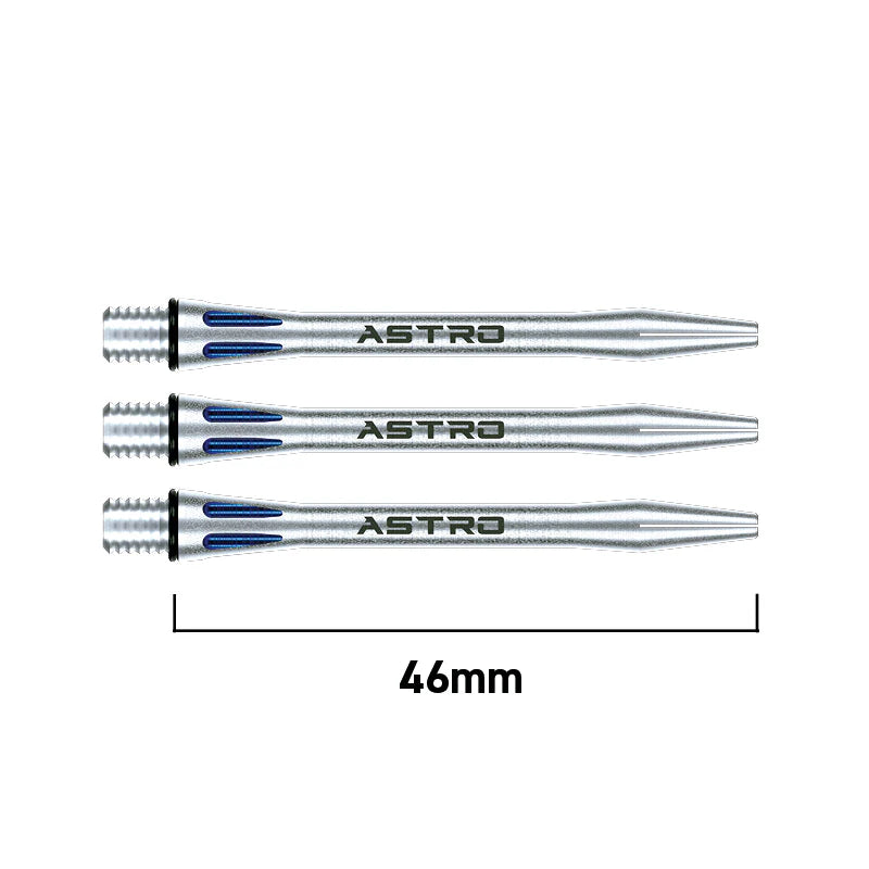 Three 46mm aluminium dart shafts top-down, silver with blue laser-cut grooves, aligned on white background for dart accessories buyers