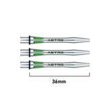 Top-down view of three 36mm aluminium dart shafts with laser cut green accents and threaded ends, isolated on white background