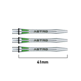Three 41mm silver aluminium dart shafts with green grooves shown top-down on white, detailing laser-cut grip and scale for precise fitting