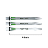 Three aluminium dart shafts with green detail shown top-down, 46mm length displayed for size reference, ideal for dart equipment buyers