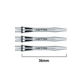 Three silver aluminium dart shafts with laser-cut grooves, lined up on white background, 36mm length shown for scale