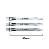 Three silver aluminium dart shafts top-down on white background with 46mm length scale, showing laser cut detailing and Astro branding.