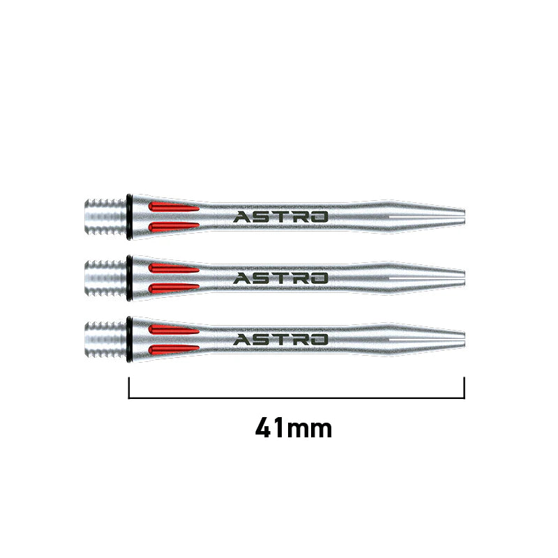 Set of three Astro aluminium dart shafts, 41mm length, side view with scale, silver finish and red laser cut highlights for darts