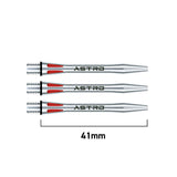 Set of three Astro aluminium dart shafts, 41mm length, side view with scale, silver finish and red laser cut highlights for darts