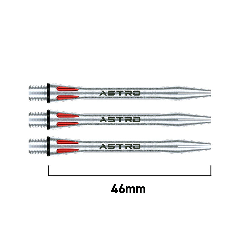 Three silver Astro aluminium dart shafts arranged horizontally, isolated on white with 46mm length scale, laser-cut red accents visible.