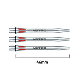 Three silver Astro aluminium dart shafts arranged horizontally, isolated on white with 46mm length scale, laser-cut red accents visible.