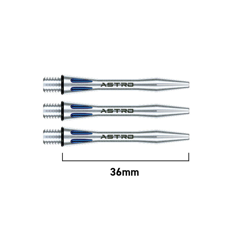Three silver Astro aluminium dart shafts displayed horizontally with laser cut blue accents, 36mm length shown for size reference