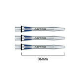 Three silver Astro aluminium dart shafts displayed horizontally with laser cut blue accents, 36mm length shown for size reference