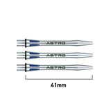 Three 41mm Astro aluminium dart shafts top-down on white, showing laser cut grooves and scale reference for length.