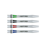 Set of four silver aluminium dart shafts with green, black, red, and blue grooves, laser-cut details, isolated on white background
