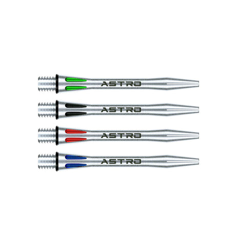 Set of four silver aluminium dart shafts with green, black, red, and blue grooves, laser-cut details, isolated on white background