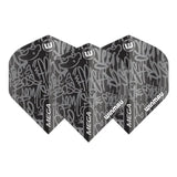 Three black Mega Standard dart flights with bold silver graffiti design, full product view on white background