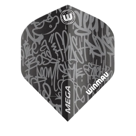 Standard shape dart flight with black and gray graffiti design, full view isolated on white, highlighting durable 75 micron material