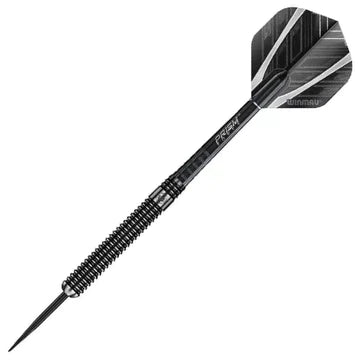 Single tungsten dart full view on white background, highlighting parallel grip barrel and black patterned flight design