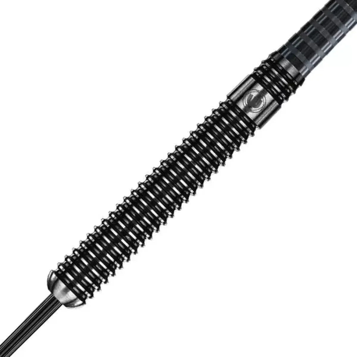 Close-up of 90% tungsten dart barrel with parallel ringed grip, macro detail shows textured black finish for enhanced hold