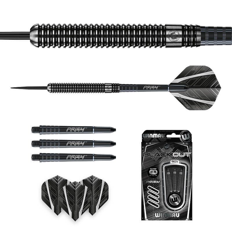 Full set of tungsten darts with detailed barrel close-up, steel tips, graphite flights, spare shafts, and retail packaging on white background
