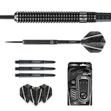 Full set of tungsten darts with detailed barrel close-up, steel tips, graphite flights, spare shafts, and retail packaging on white background