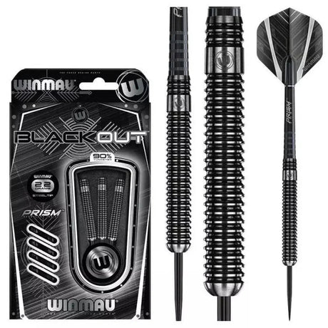 Parallel grip 90% tungsten steel-tip darts with knurled barrel, Prism flights, and retail packaging, isolated on white background