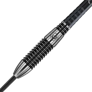Close-up of 90% tungsten dart barrel with black ringed grip and engraved motif, isolated on white background