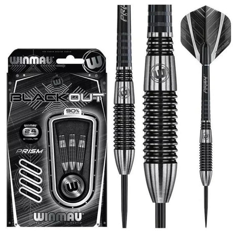 Steel-tip tungsten darts in retail packaging with close-up barrel grip texture and full dart assembly, isolated on white