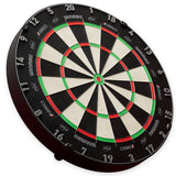 Angled view dartboard isolated on white background, highlighting scoring zones, wire construction, and numbers for darts enthusiasts
