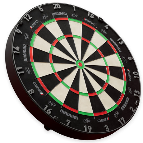 Angled view dartboard isolated on white background, highlighting scoring zones, wire construction, and numbers for darts enthusiasts