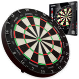 Angled view of Blade 360 dartboard with bold segment rings and thin wiring, shown alongside retail packaging on white background