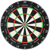 Full view dartboard top-down, isolated on white, showing detailed scoring segments, crisp numbering, and bullseye for dart games