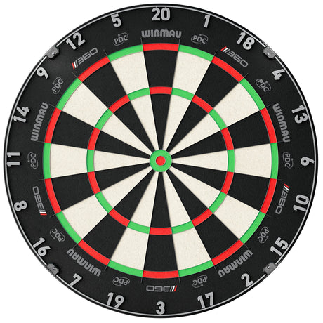 Full view dartboard top-down, isolated on white, showing detailed scoring segments, crisp numbering, and bullseye for dart games