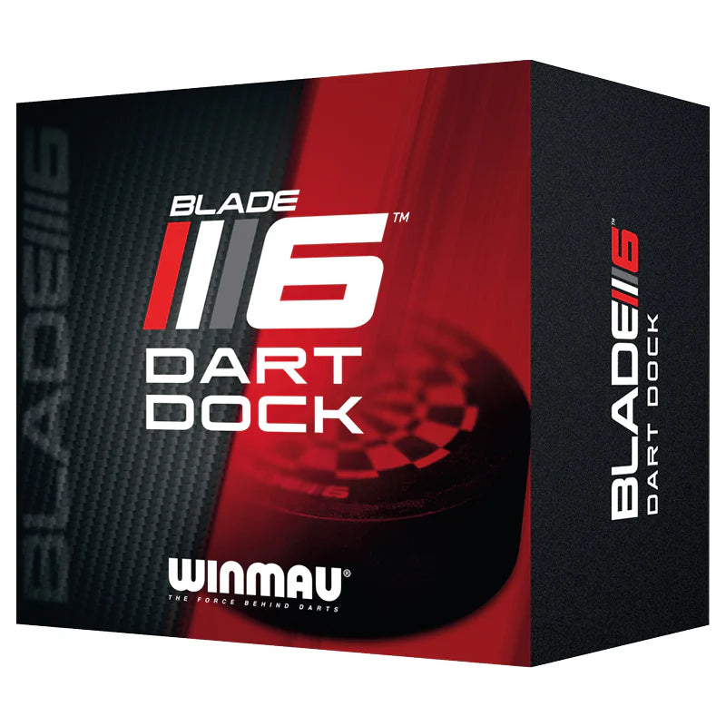 Angled view of Blade 6 Dart Dock retail box featuring red and black dart accessory packaging and modern product branding