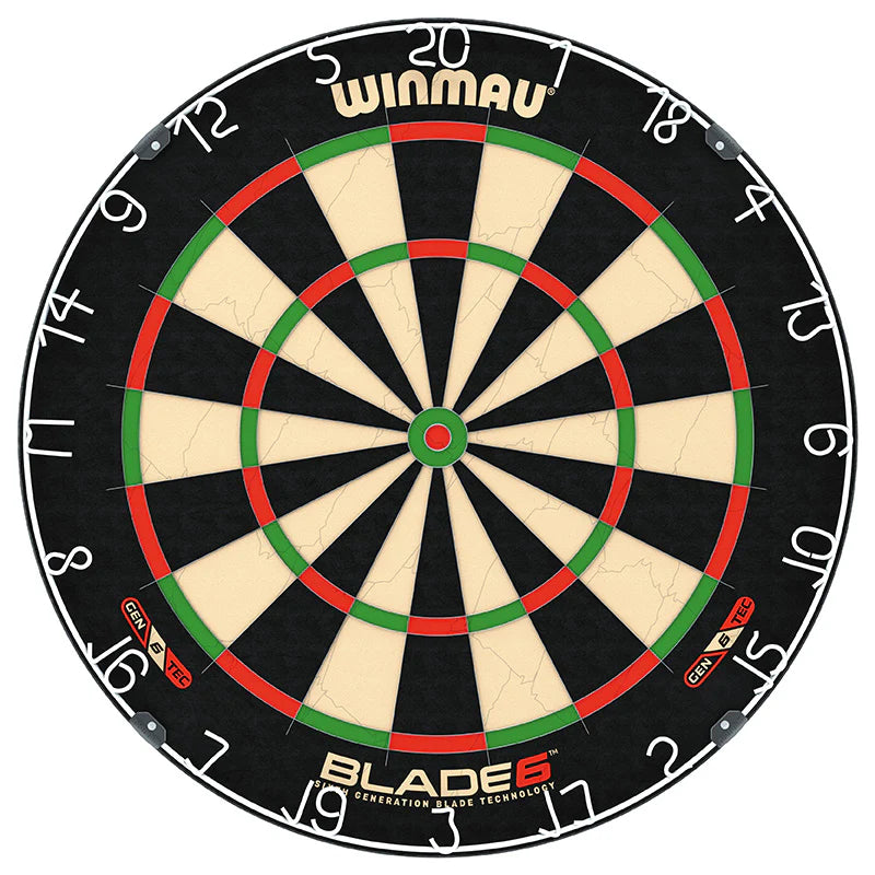 Full view of Blade 6 dartboard isolated on white, showing thin wiring, sharp segment separation, and bold scoring zones.