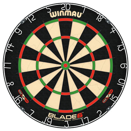 Full view of Blade 6 dartboard isolated on white, showing thin wiring, sharp segment separation, and bold scoring zones.
