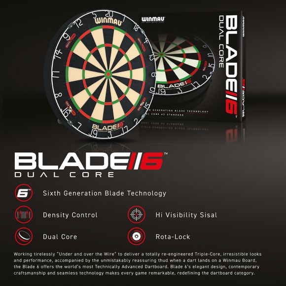 Blade 6 Dual Core dartboard shown upright beside retail box, featuring hi-visibility sisal, dual core, and rota-lock technology