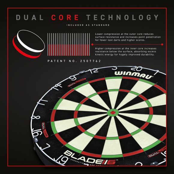 Angled view of Blade 6 Dual Core dartboard highlighting dual core construction and fine scoring segments for advanced dart players