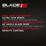 Dartboard features list on black background, showcasing dual core, ultra thin wires, rota-lock system, and high visibility surface