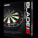 Blade 6 Dual Core dartboard retail packaging angled view, highlighting sixth generation wiring and dual core technology