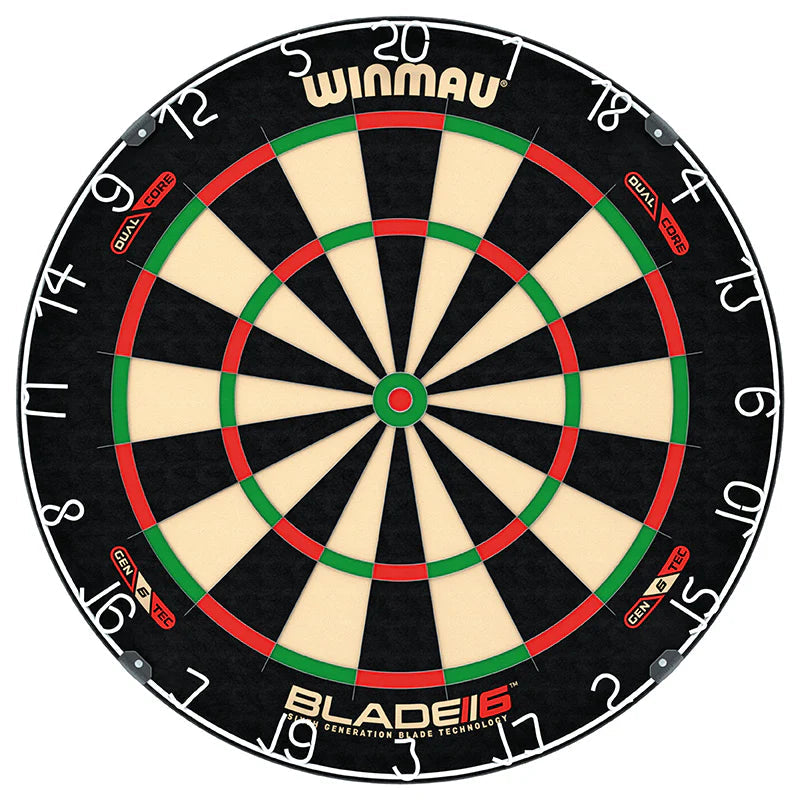 Full view of Blade 6 Dual Core dartboard with clear segmented scoring zones and thin wiring, isolated on white background