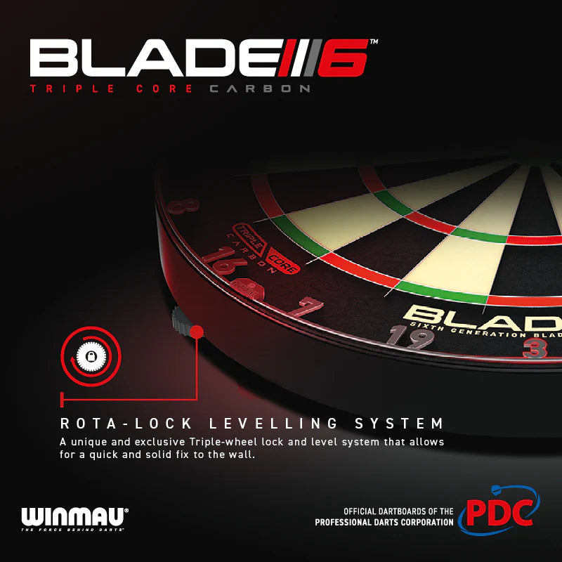 Angled close-up of Blade 6 Triple Core dartboard edge displaying Rota-Lock leveling system with visible triple-core layers for secure wall mounting