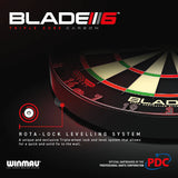Angled close-up of Blade 6 Triple Core dartboard edge displaying Rota-Lock leveling system with visible triple-core layers for secure wall mounting