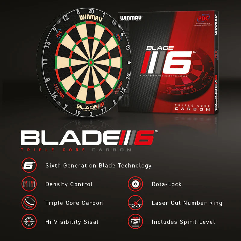 Blade 6 Triple Core dartboard full view with retail box, features like laser-cut number ring, rota-lock, hi-visibility sisal, density control displayed