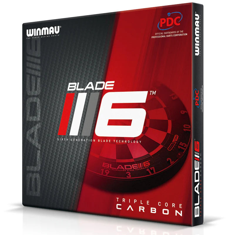 Angled shot of Blade 6 Triple Core dartboard box packaging with PDC logo and carbon fiber design