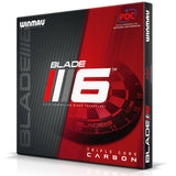 Angled shot of Blade 6 Triple Core dartboard box packaging with PDC logo and carbon fiber design