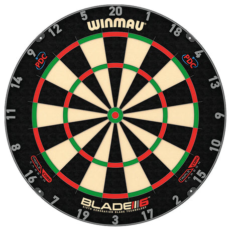 Full front view of Blade 6 Triple Core dartboard with numbered segments, razor wires, PDC logos, treble and double rings on white background