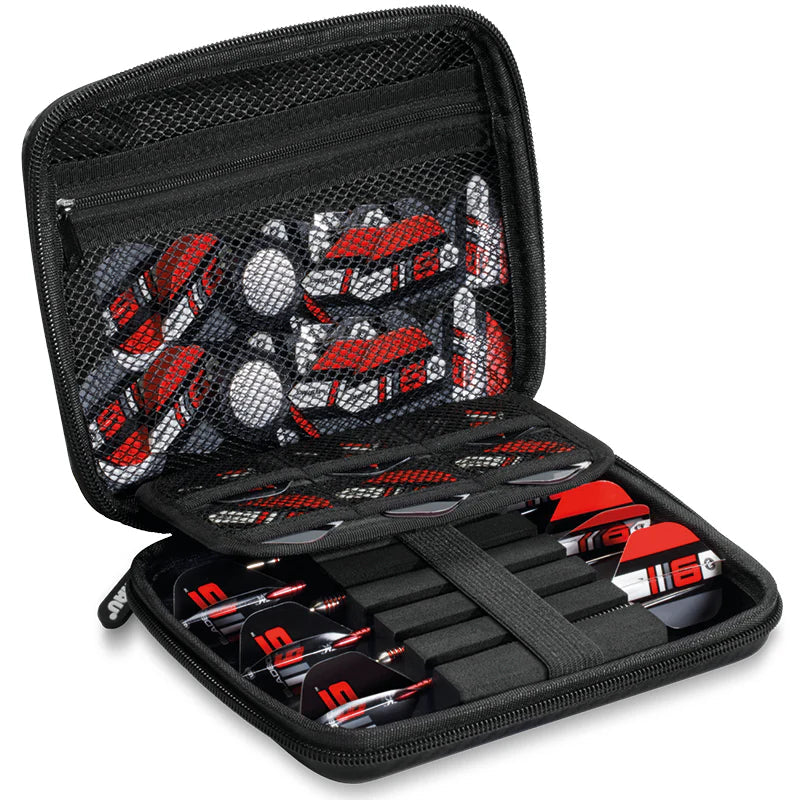 Open dart case angled view displaying two sets of assembled darts, multiple mesh pockets, and organized storage for flights and accessories