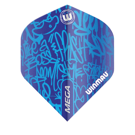 Single blue mega standard dart flight with bold graffiti pattern, isolated on white, showcasing shape and 75 micron material