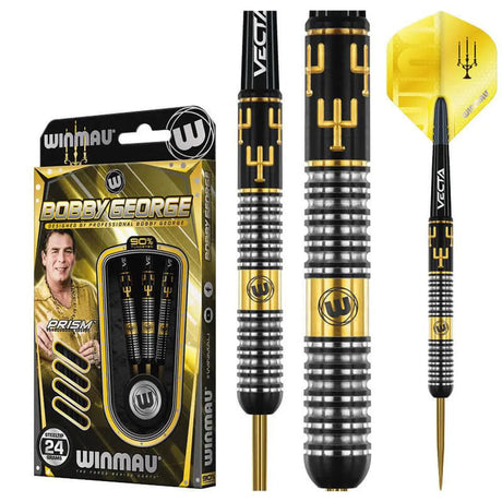 Bobby George 90% tungsten darts set in retail packaging with close-up of precision grip barrel and full assembled dart