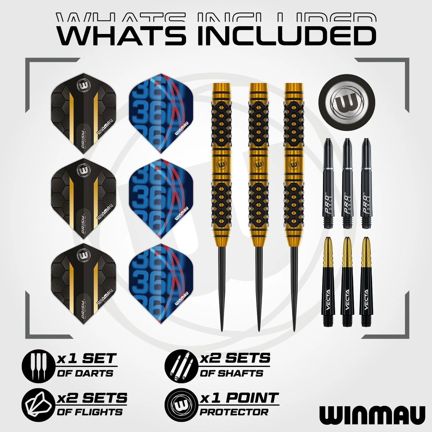 Top-down flat lay showing three 90% tungsten darts with knurled grips, two sets of flights, two sets of shafts, and a point protector on white